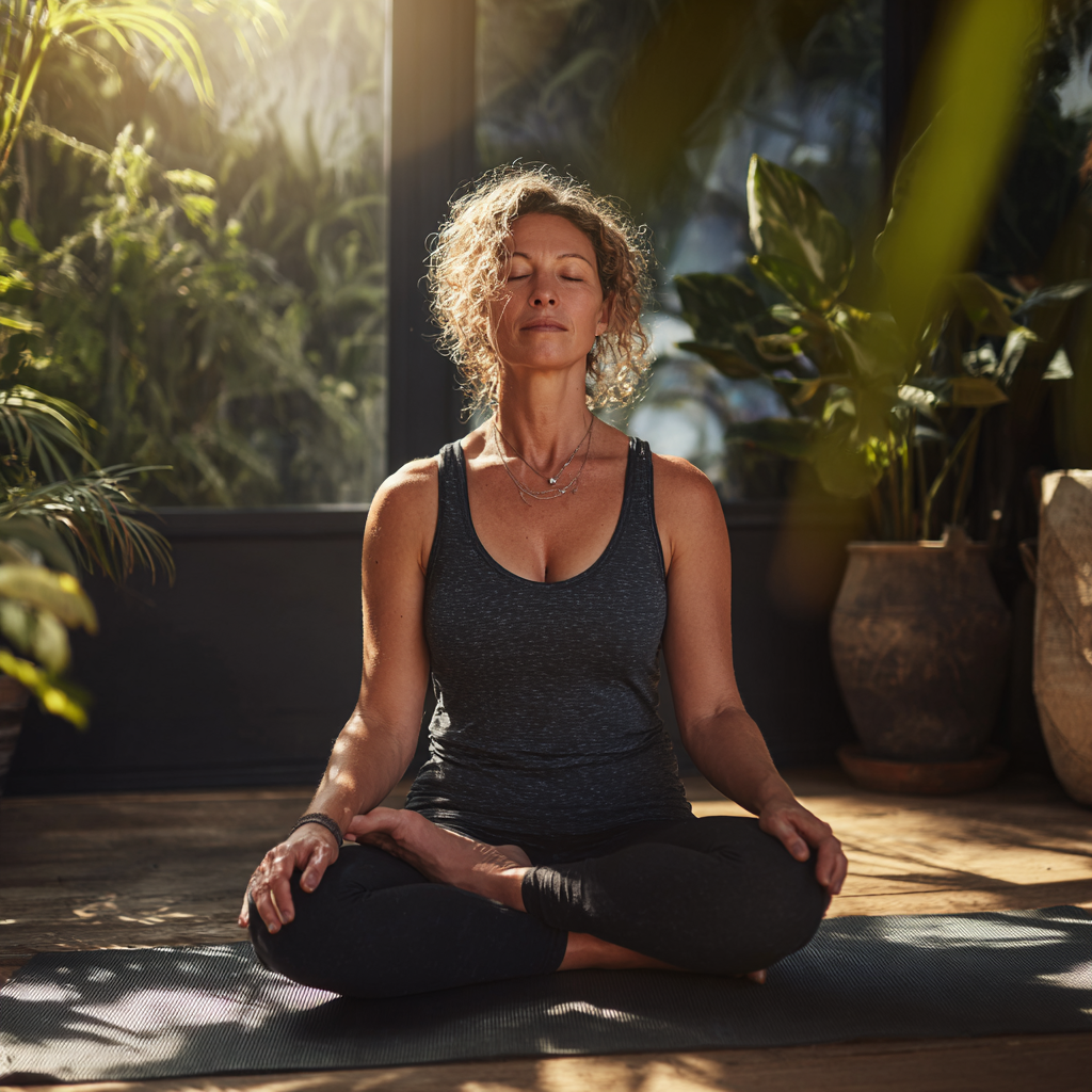 Peaceful woman in her late forties practicing yoga in a sunlit studio, wearing comfortable activewear, sitting in lotus position with eyes closed and a serene expression, surrounded by plants and natural light