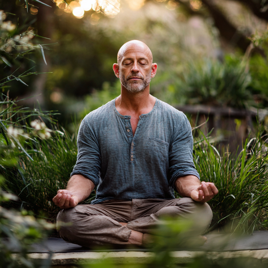Serene middle-aged man in his early fifties practicing meditation outdoors in a garden setting, sitting cross-legged on a yoga mat with peaceful expression, wearing casual earth-toned clothing, surrounded by greenery and soft natural lighting